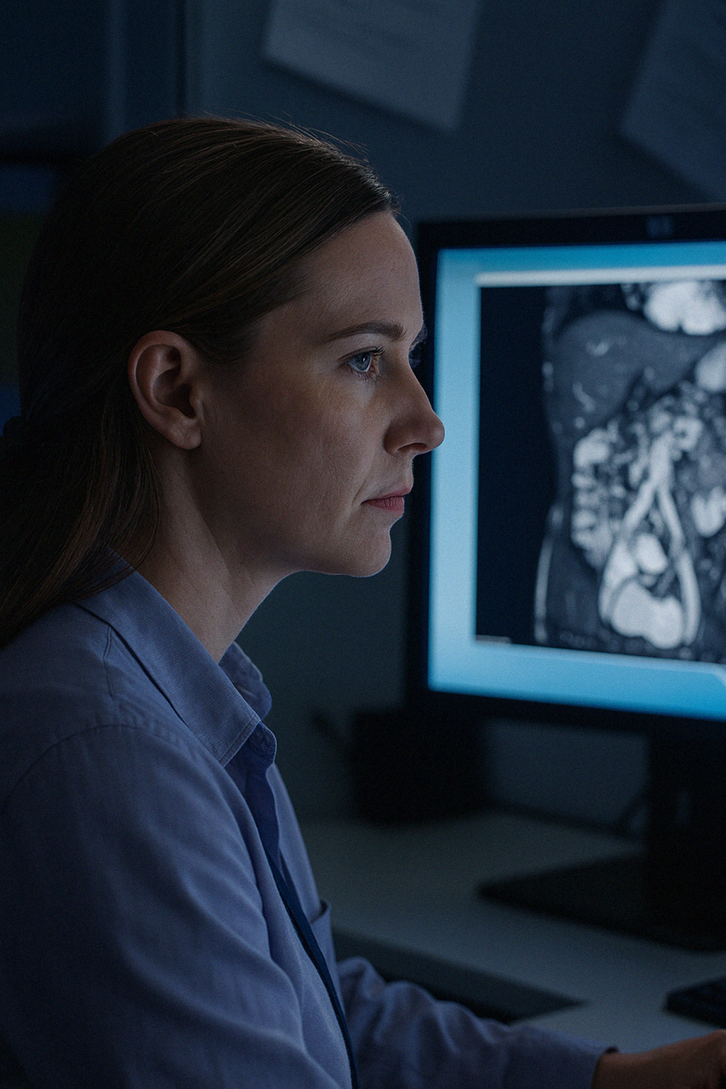 Female consultant radiologist at Heart Imaging UK reviewing a CT scan to provide accurate cardiac and thoracic imaging reports.
