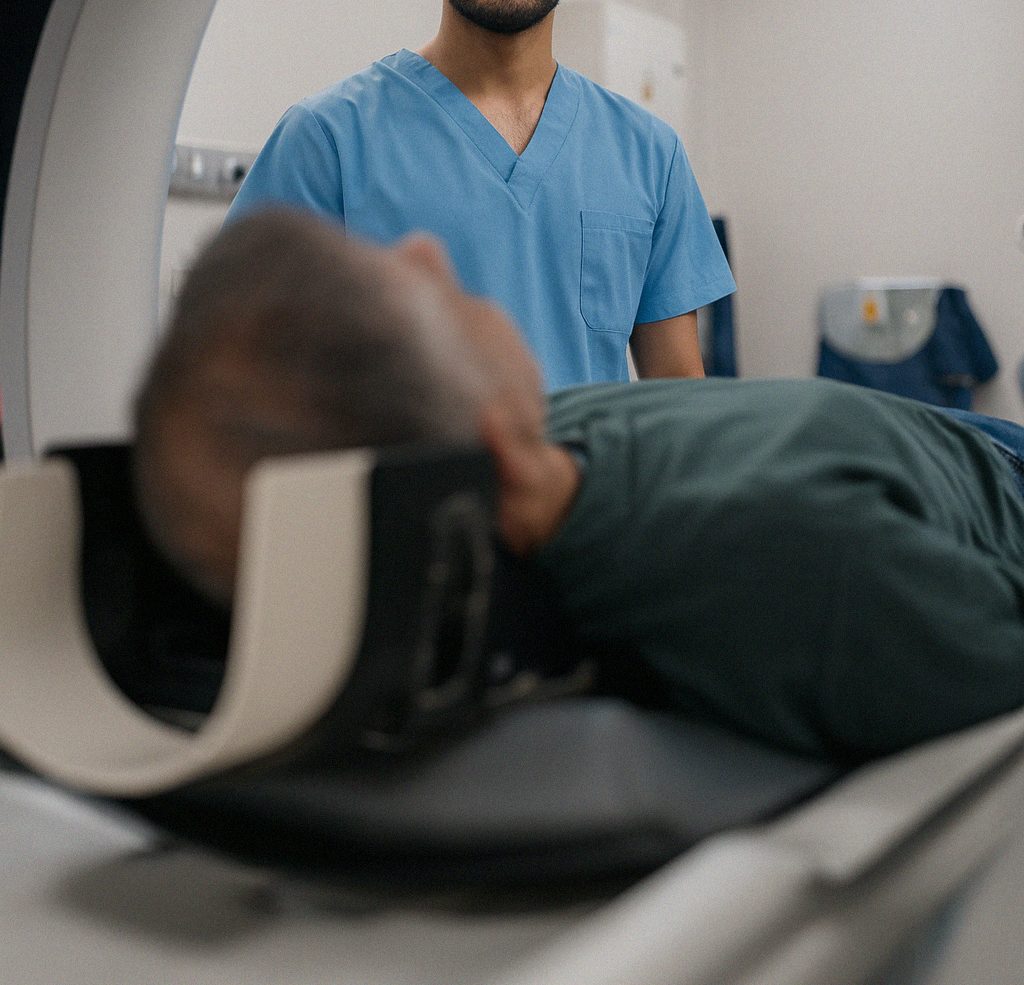 Consultant radiologist at Heart Imaging UK preparing a patient for advanced cardiac and thoracic scans, highlighting expertise in heart and lung imaging.