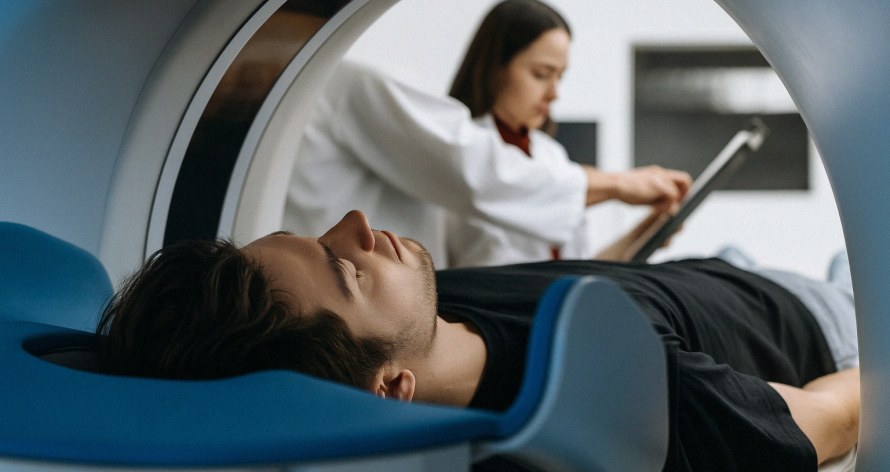Radiologist preparing patient for heart scan Heart Imaging UK Consultant radiologist at Heart Imaging UK preparing a patient for advanced cardiac and thoracic scans, highlighting expertise in heart and lung imaging.